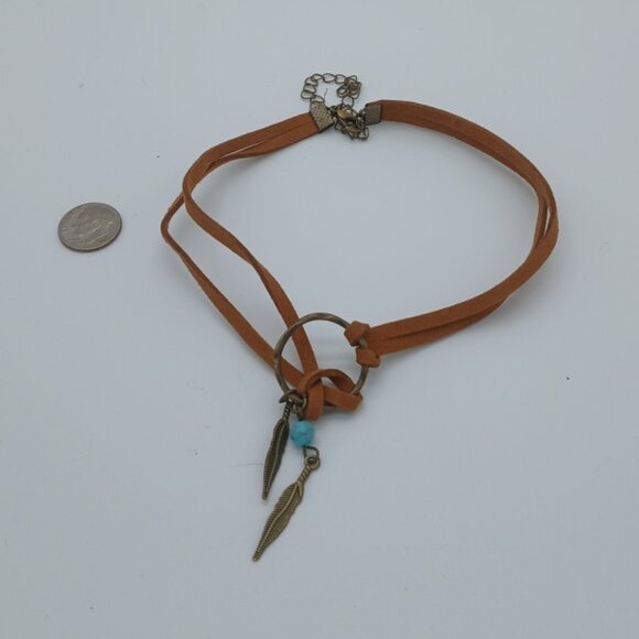 New Suede Choker Necklace for Women Handmade Feather and Behemian Turquoise - Picture 1 of 1